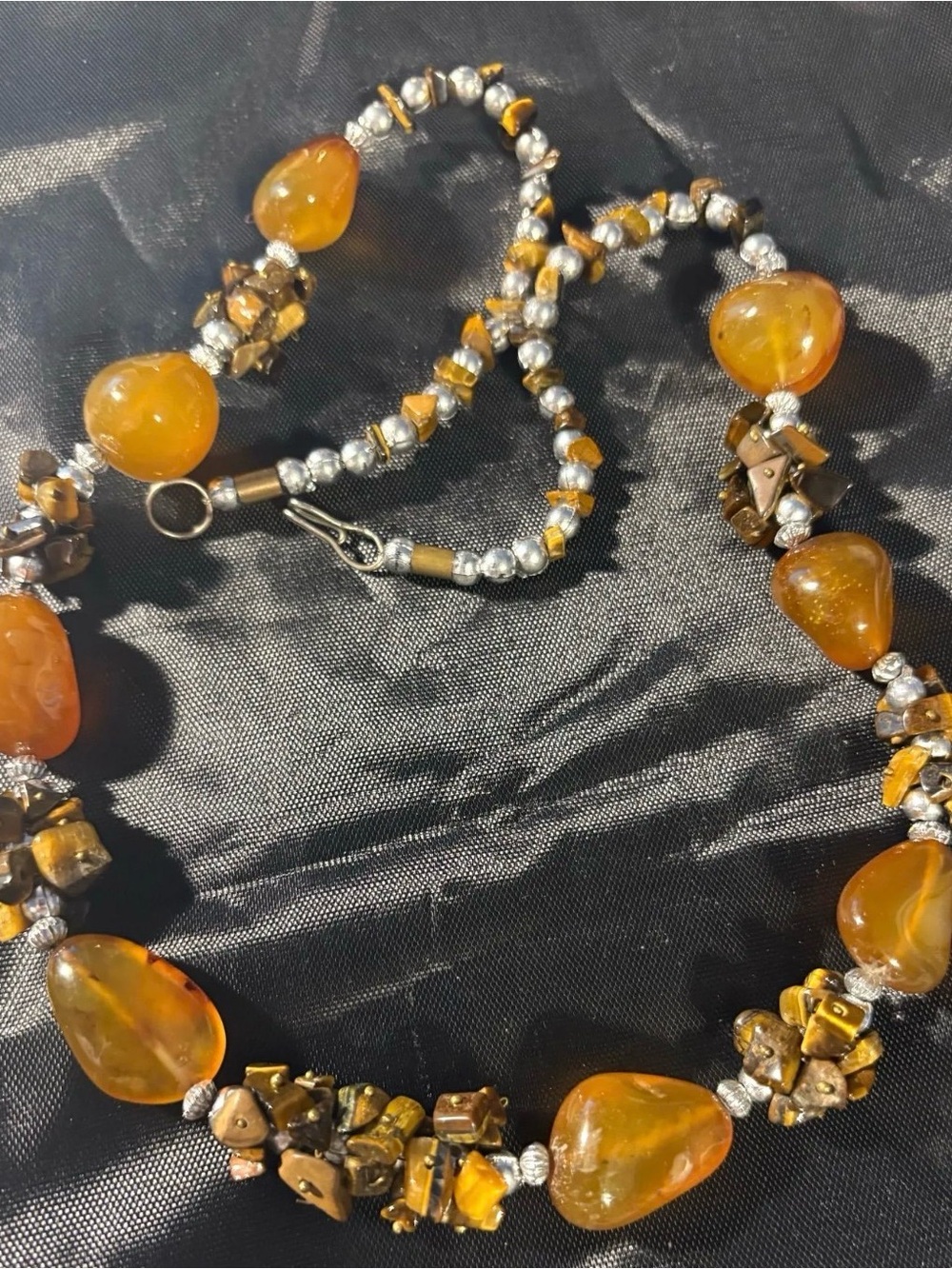 Amber colored Tumbled Beads Necklace with tigers eye stone chips.
